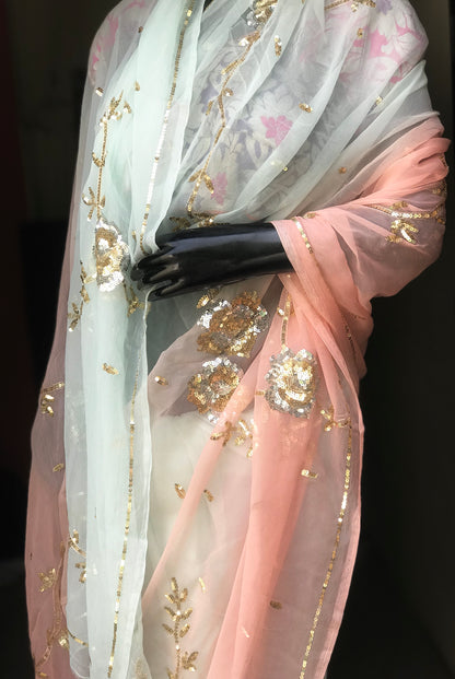 Powder Blue Peach Ombre Miraya Chiffon Sarees