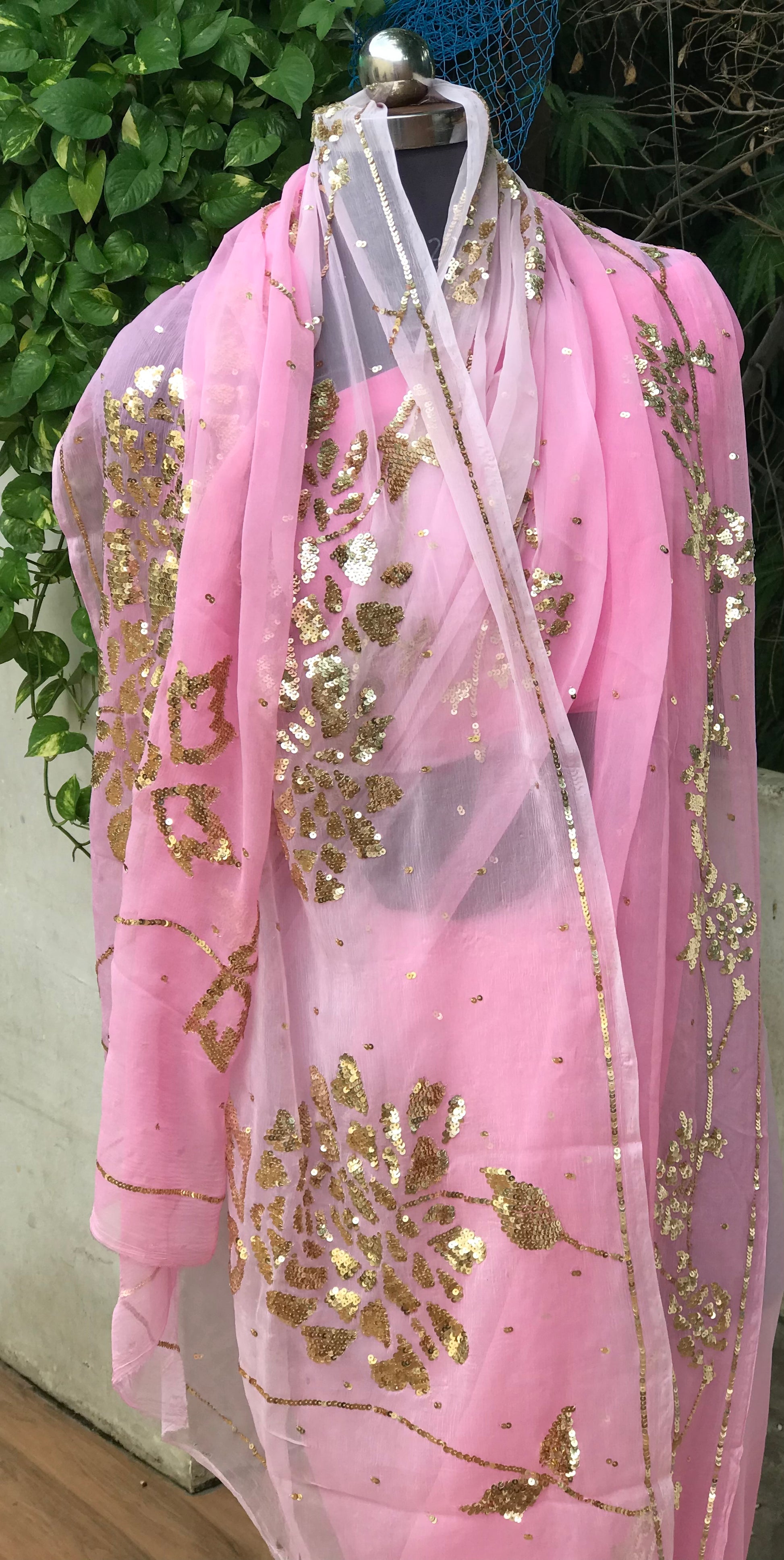 Baby Pink Sequins Jaal Miraya Chiffon Sarees