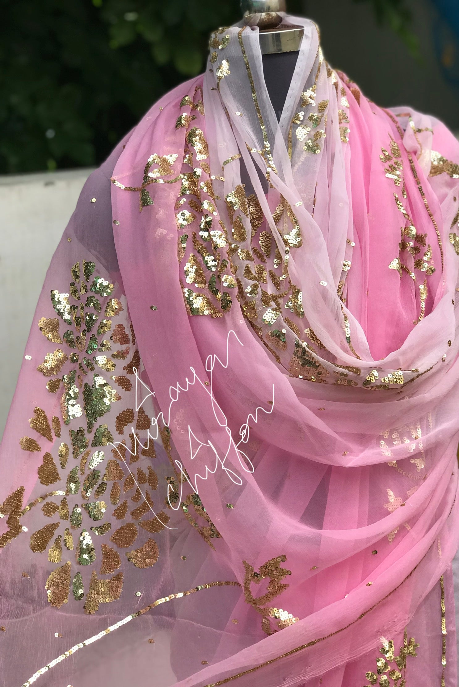 Baby Pink Sequins Jaal Miraya Chiffon Sarees