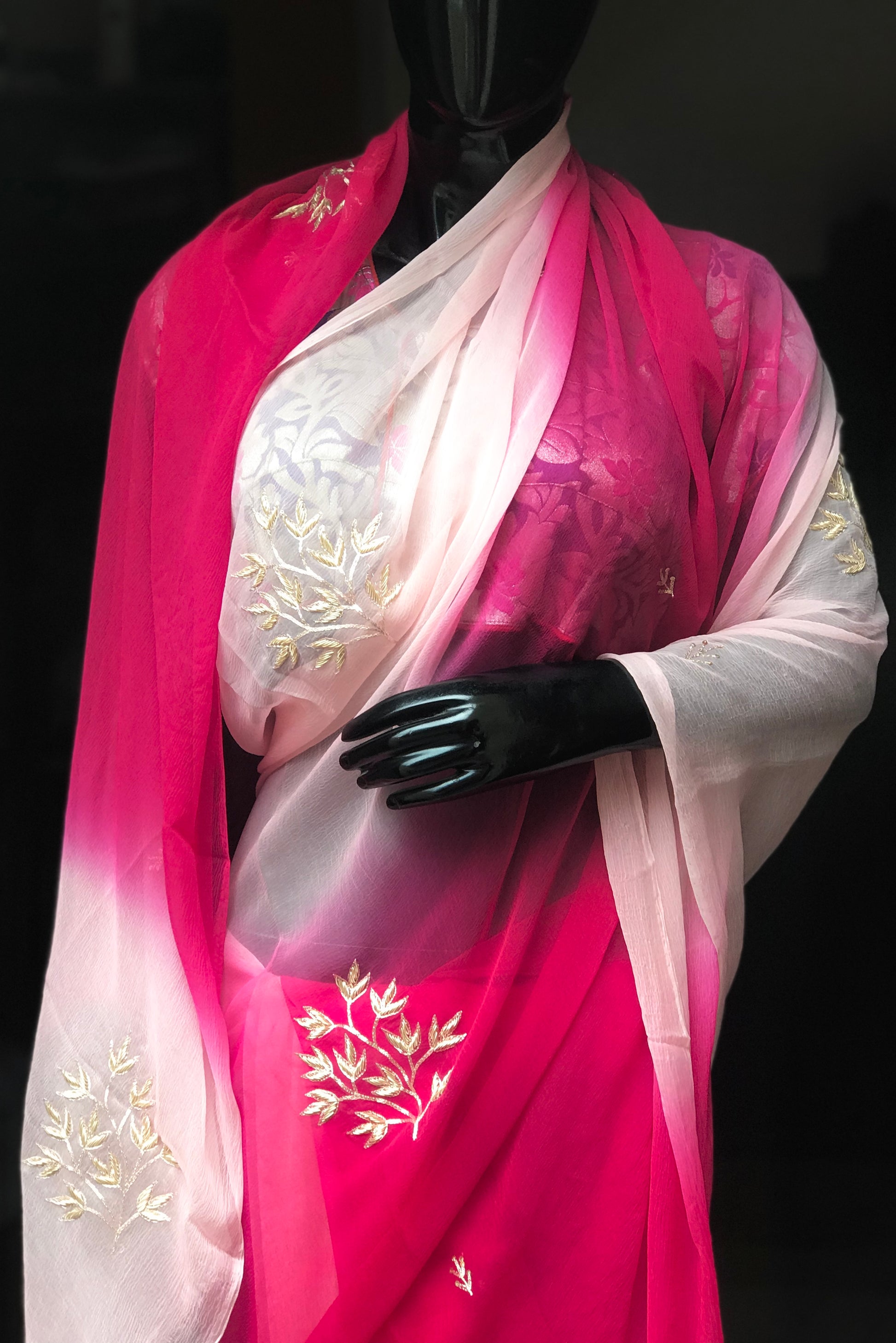 Magenta Shaded Aari Zardogi Motifs Miraya Chiffon Sarees