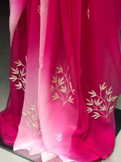 Magenta Shaded Aari Zardogi Motifs Miraya Chiffon Sarees