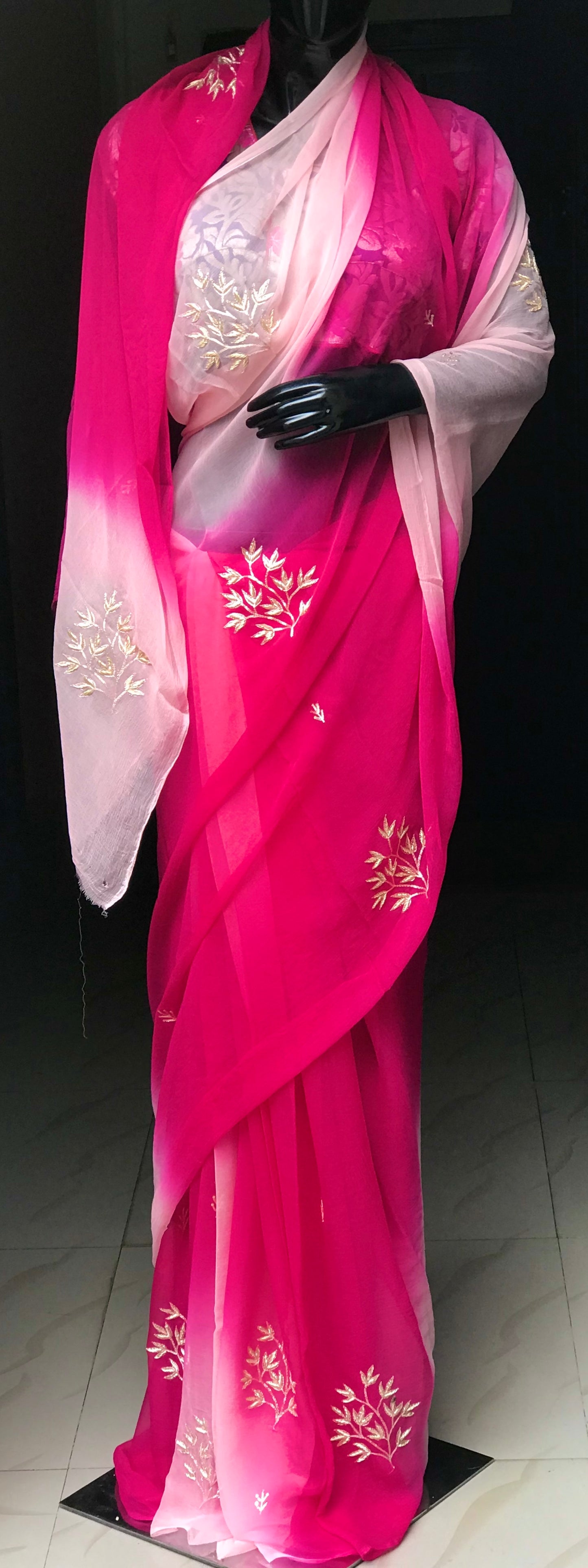 Magenta Shaded Aari Zardogi Motifs Miraya Chiffon Sarees