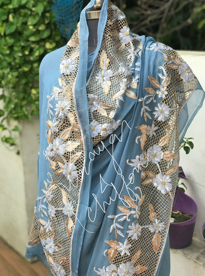 Grey Aari Zardoji Sequins Cutwork Border Miraya Chiffon Sarees