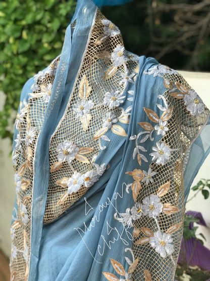 Grey Aari Zardoji Sequins Cutwork Border Miraya Chiffon Sarees