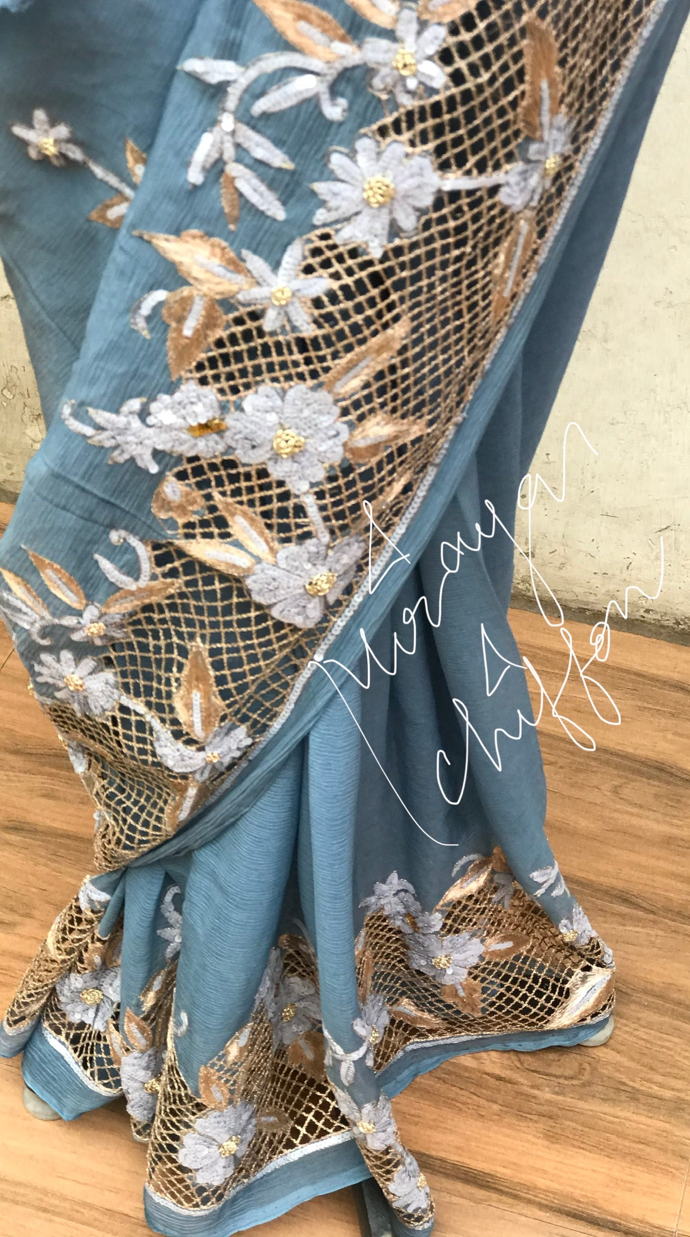 Grey Aari Zardoji Sequins Cutwork Border Miraya Chiffon Sarees