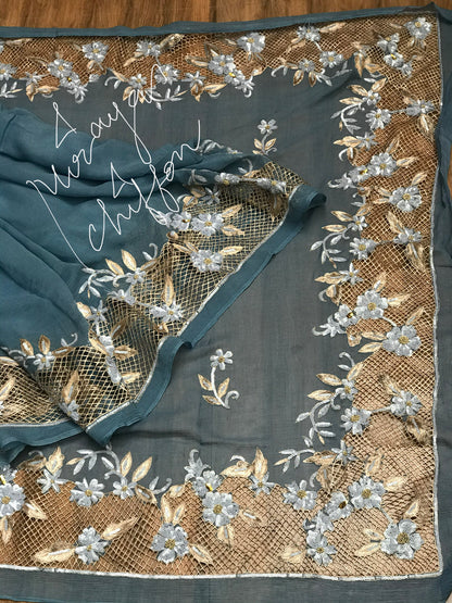 Grey Aari Zardoji Sequins Cutwork Border Miraya Chiffon Sarees