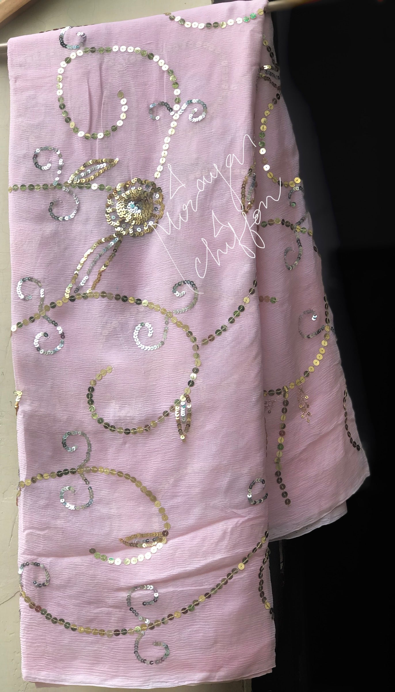 Baby Pink Golden Silver Sequins Jaal Miraya Chiffon Sarees