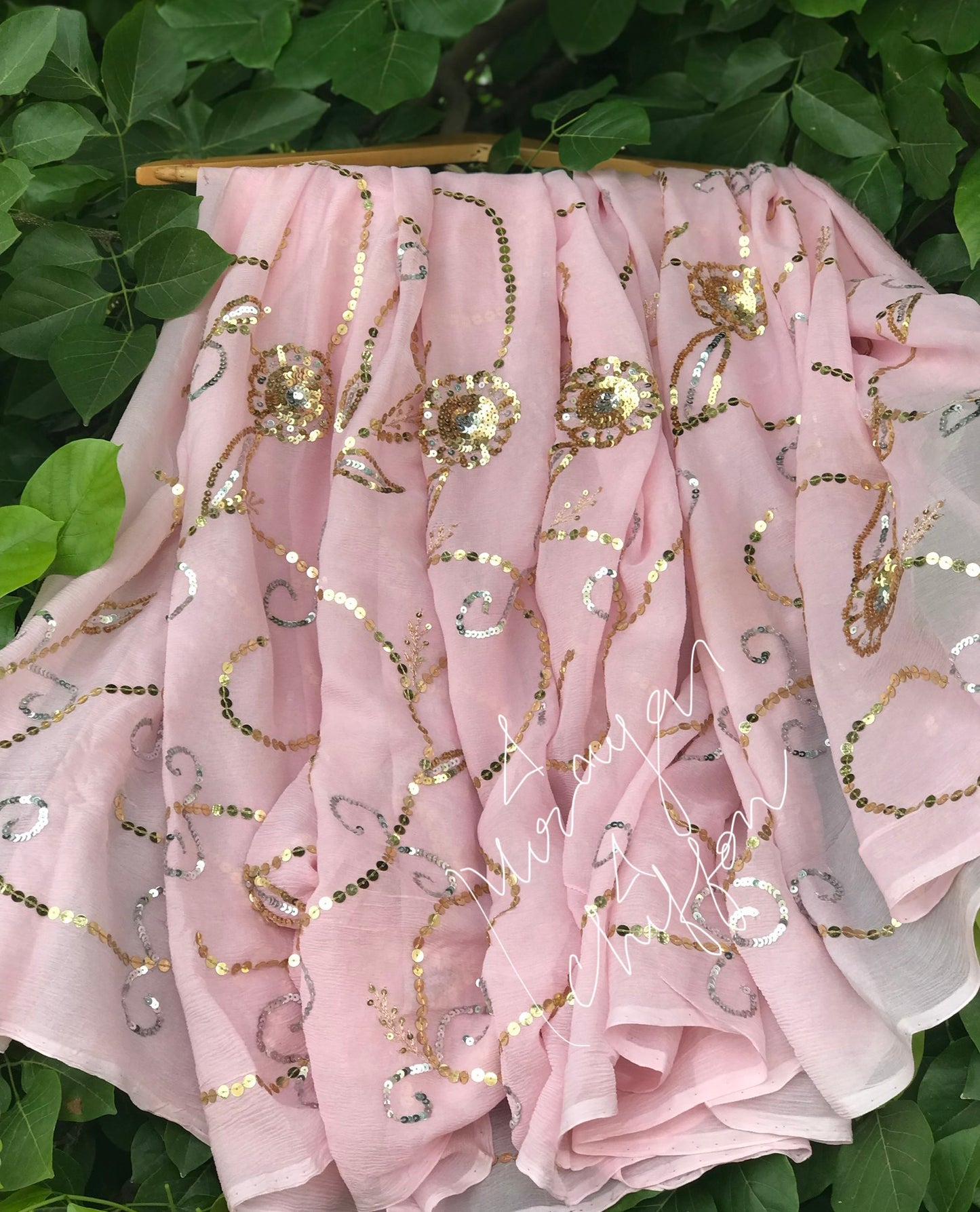 Baby Pink Golden Silver Sequins Jaal Miraya Chiffon Sarees