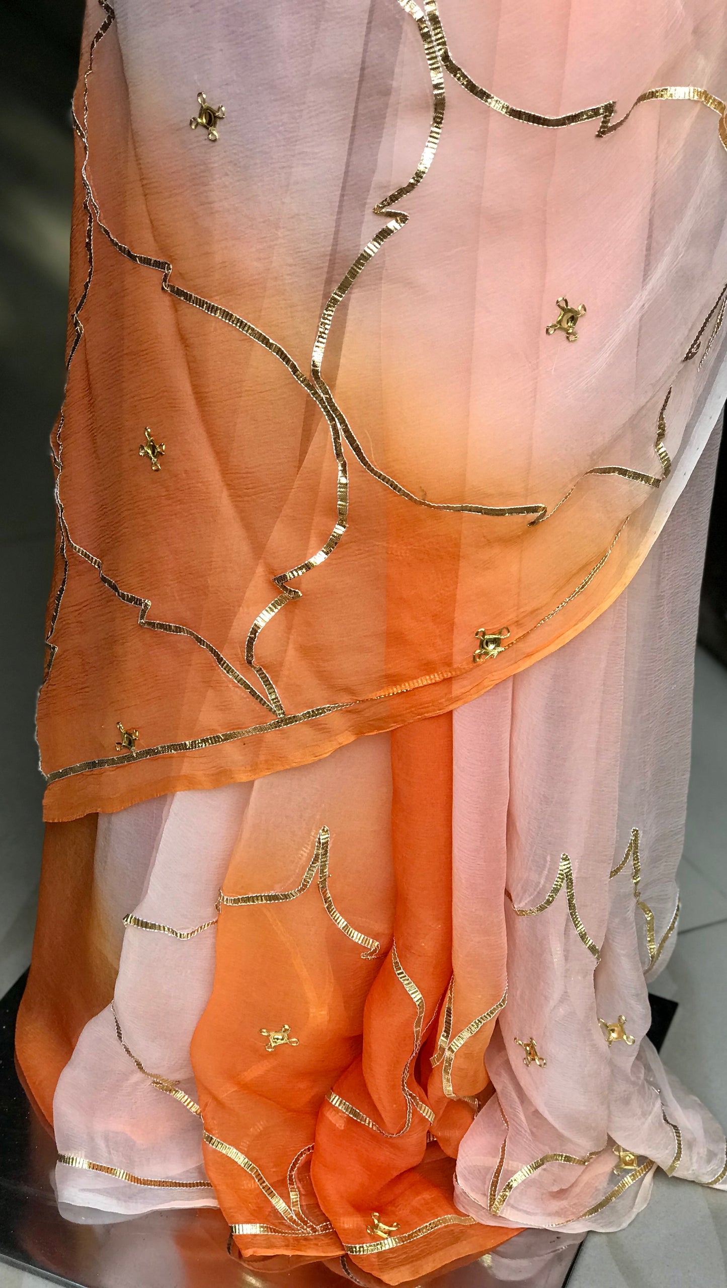 Peach Orange Shaded Danka Gotta Jaal Miraya Sarees