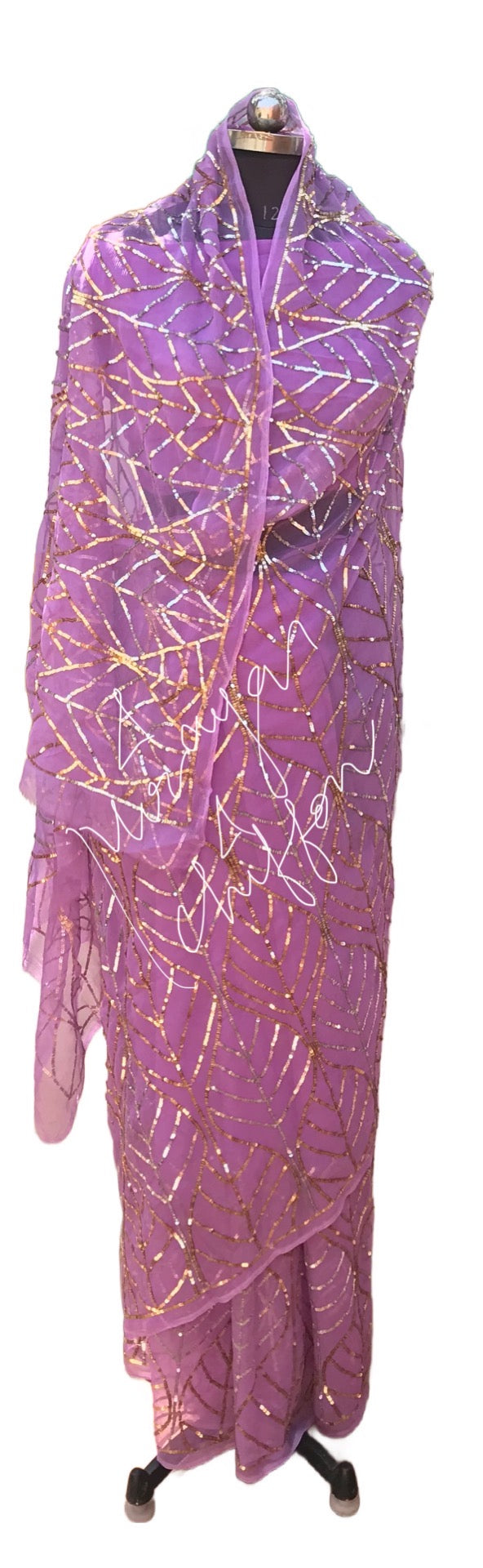 Lavender Golden Silver Sequins Jaal Miraya Chiffon Sarees