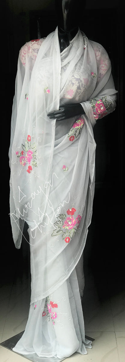 Light Grey Sequins Motifs Miraya Chiffon Sarees