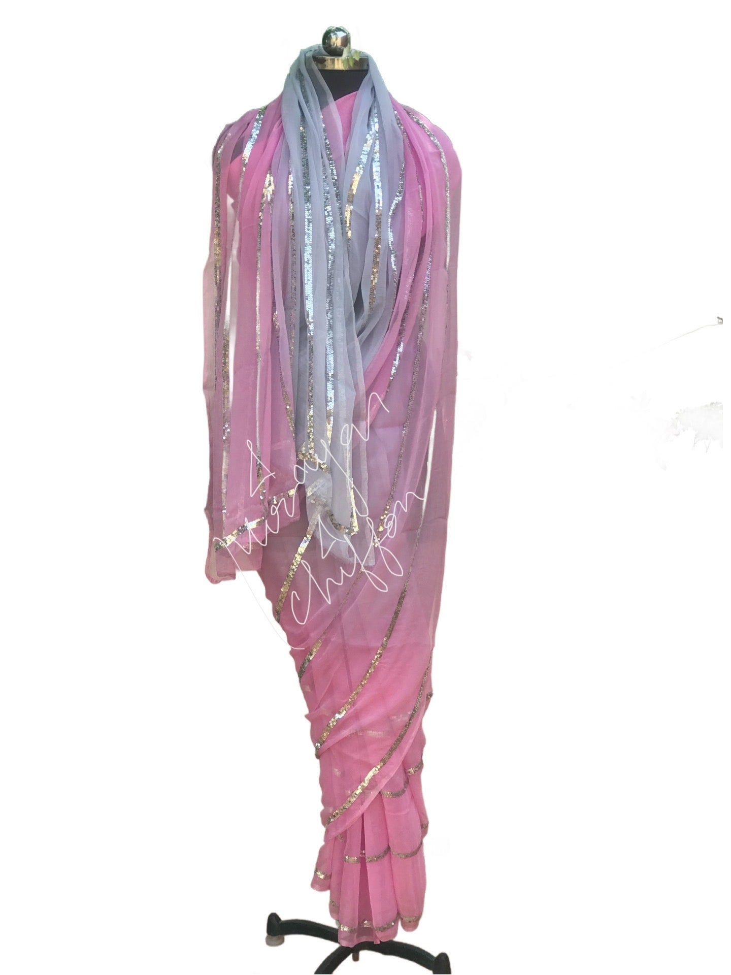 Pink Shaded Sequins Lines Miraya Chiffon Sarees