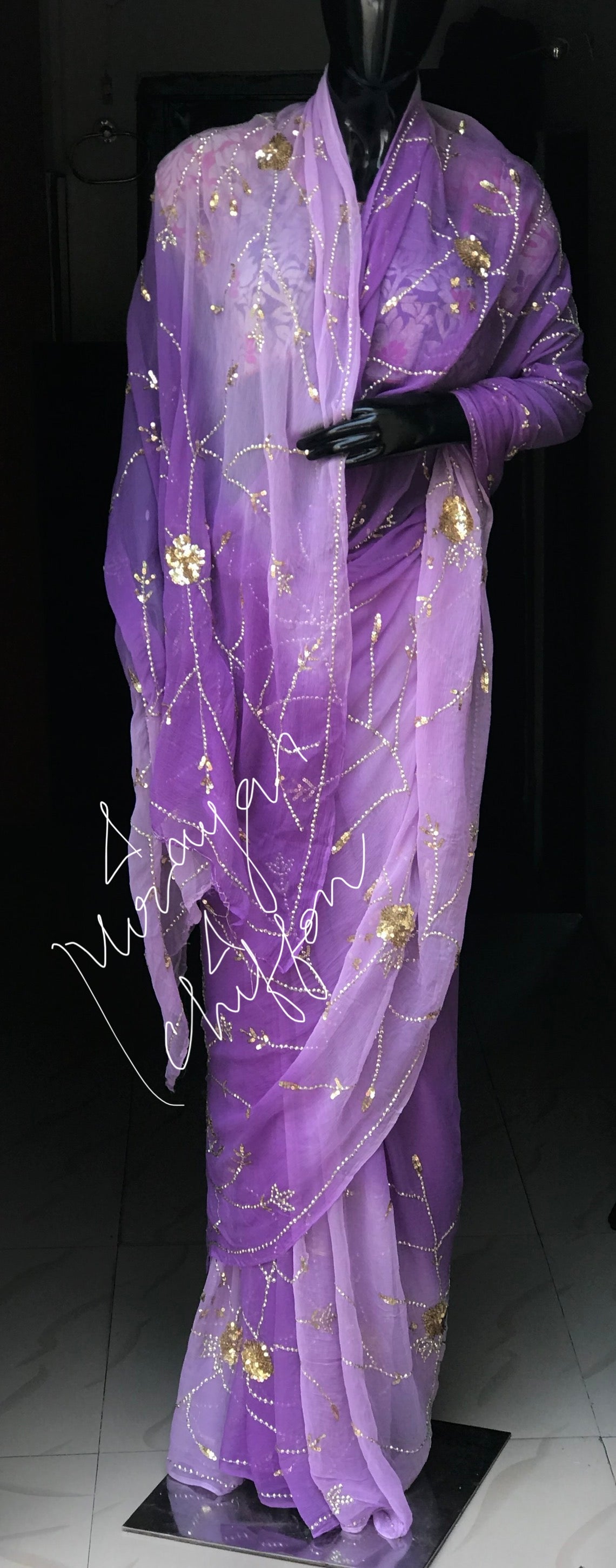 Purple Ombre Sequins Jaal Miraya Chiffon Sarees