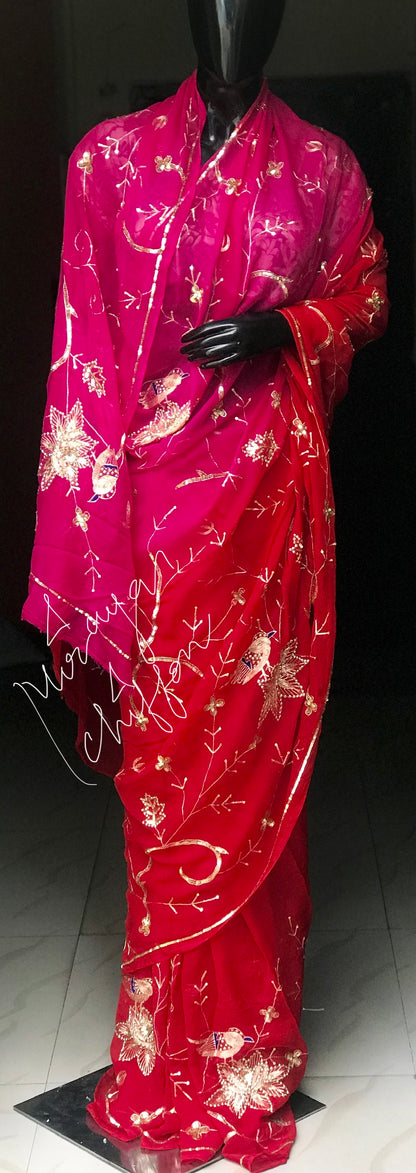 Red Rani Shaded Bird Jaal Miraya Sarees