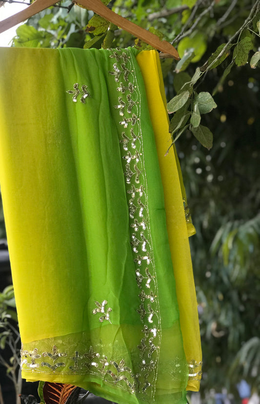 Yellow Green Ombre Dyed Sequins Border Miraya Sarees