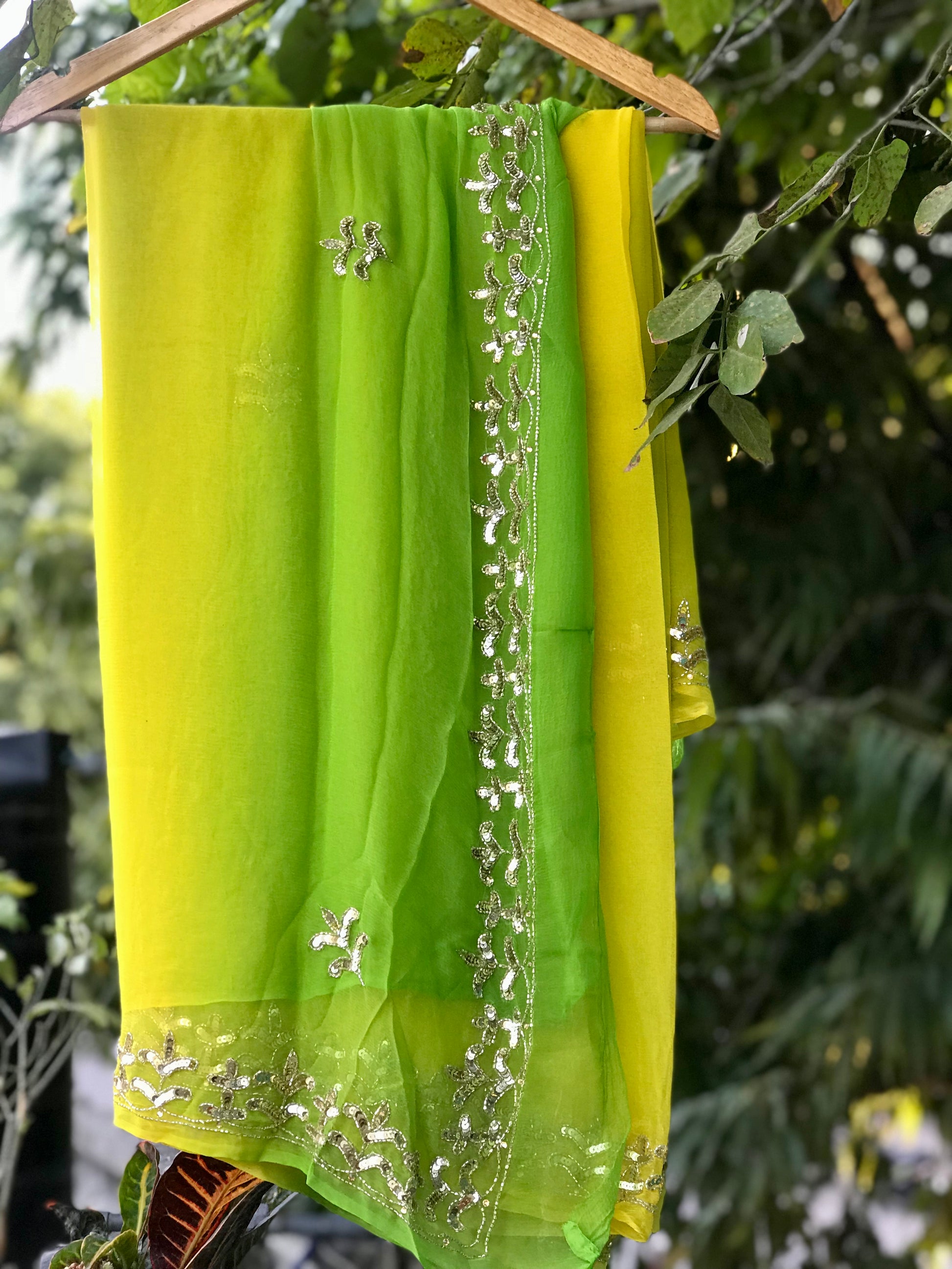 Yellow Green Ombre Dyed Sequins Border Miraya Sarees