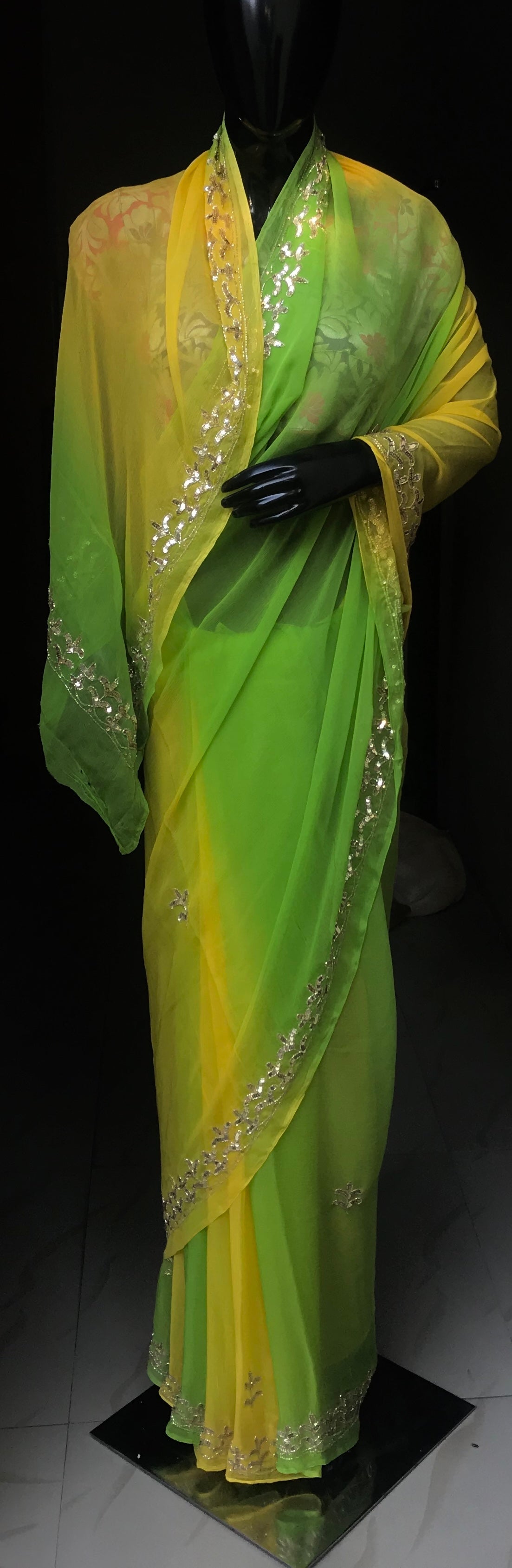 Yellow Green Ombre Dyed Sequins Border Miraya Sarees