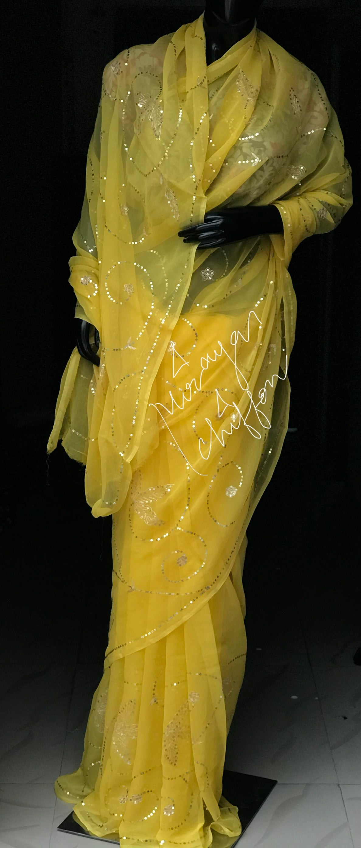 Yellow Aari Taari Jaal Miraya Chiffon Sarees