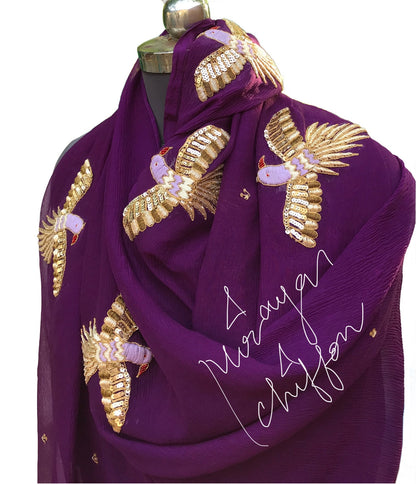 Purple Zardogi Bird Motifs Miraya Chiffon Sarees