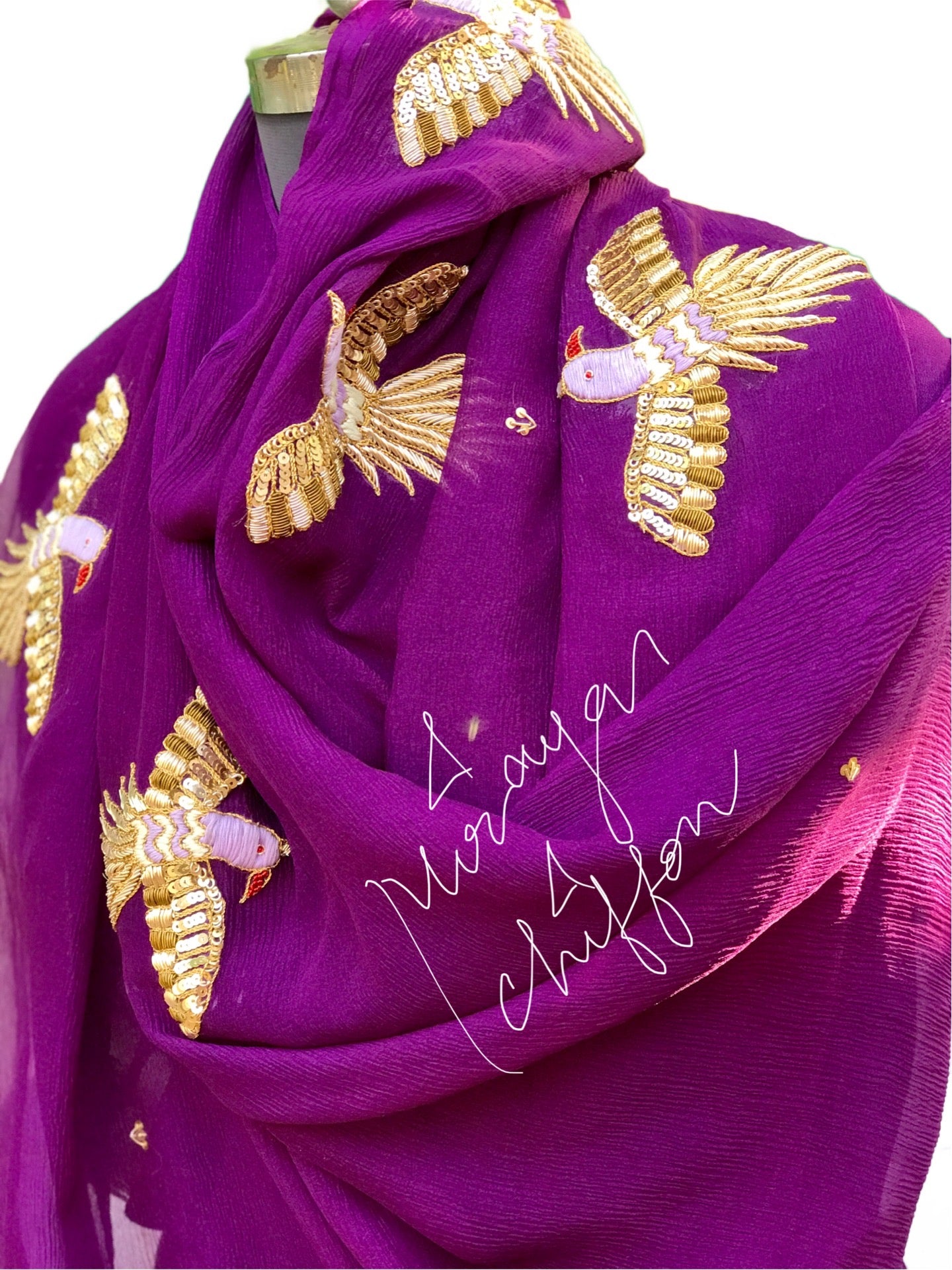 Purple Zardogi Bird Motifs Miraya Chiffon Sarees