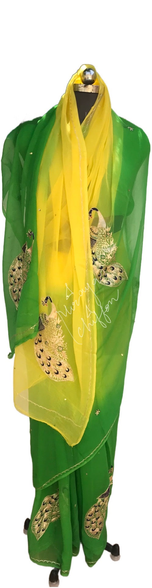 Yellow Shaded Aari Peacock Motifs Miraya Chiffon Sarees