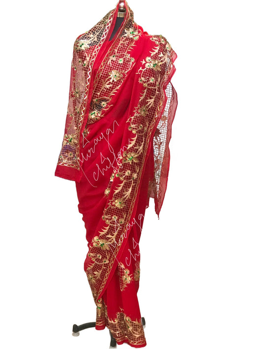 Red Cutwork Border Miraya Chiffon Sarees