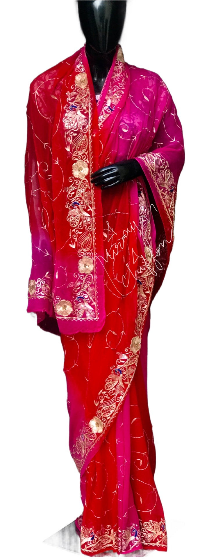 Red Shaded Peacock Aari Border With Jaal Miraya Chiffon Sarees