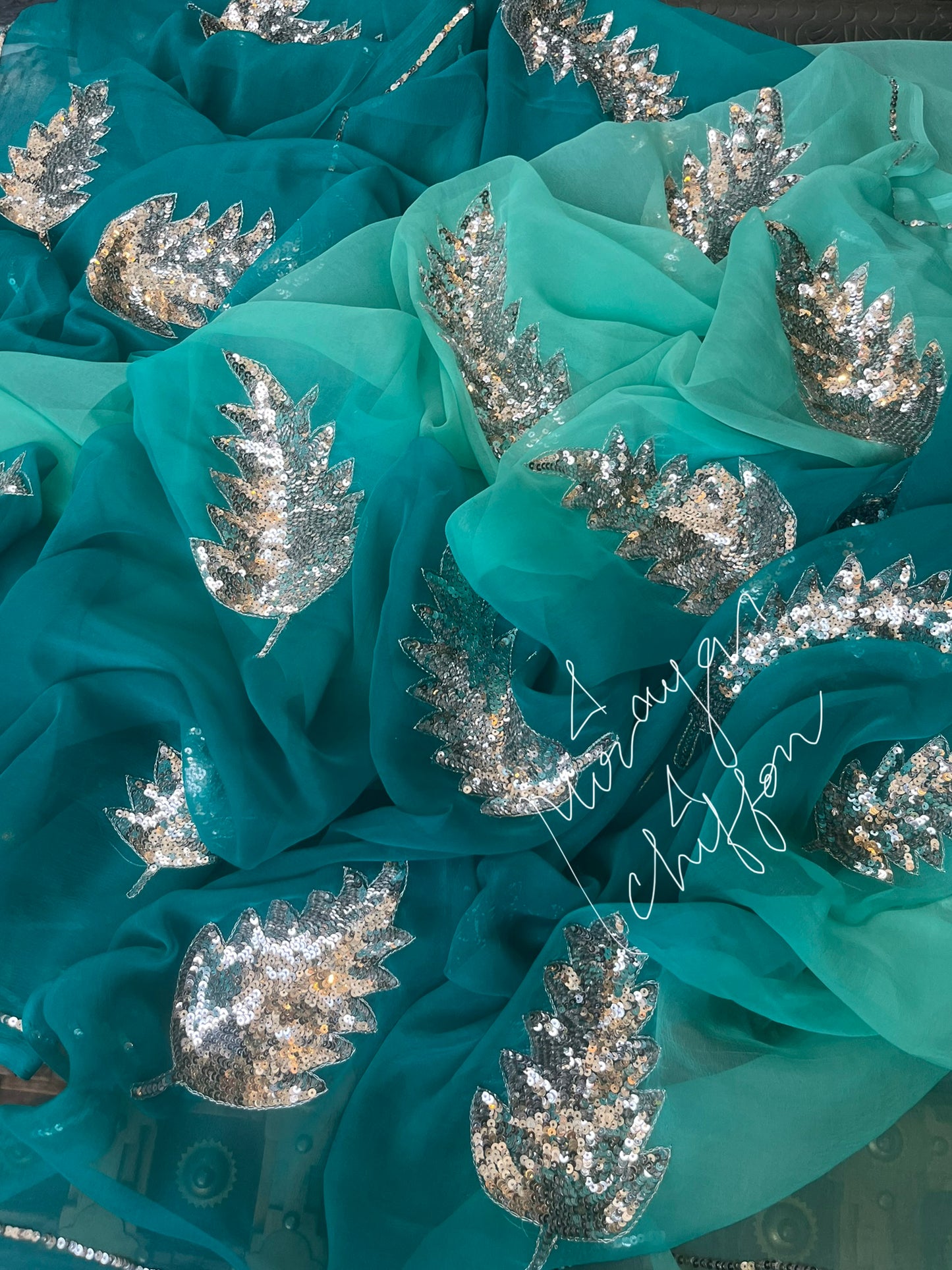 Teal Blue Shaded Silver Sequins Motifs Miraya Chiffon Sarees