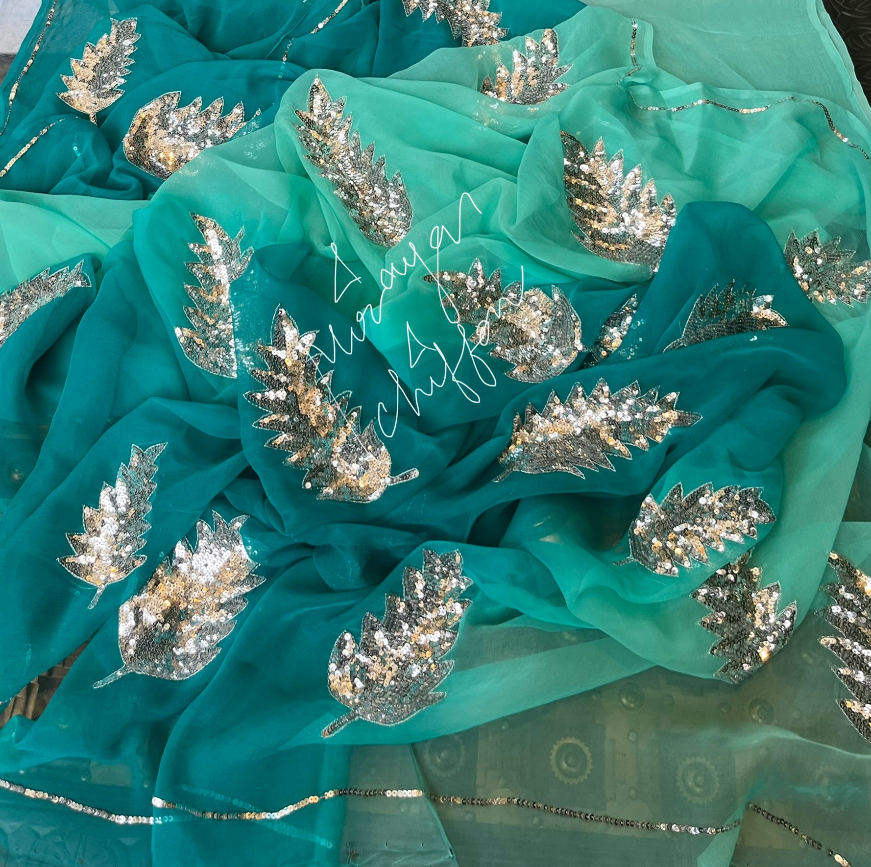 Teal Blue Shaded Silver Sequins Motifs Miraya Chiffon Sarees