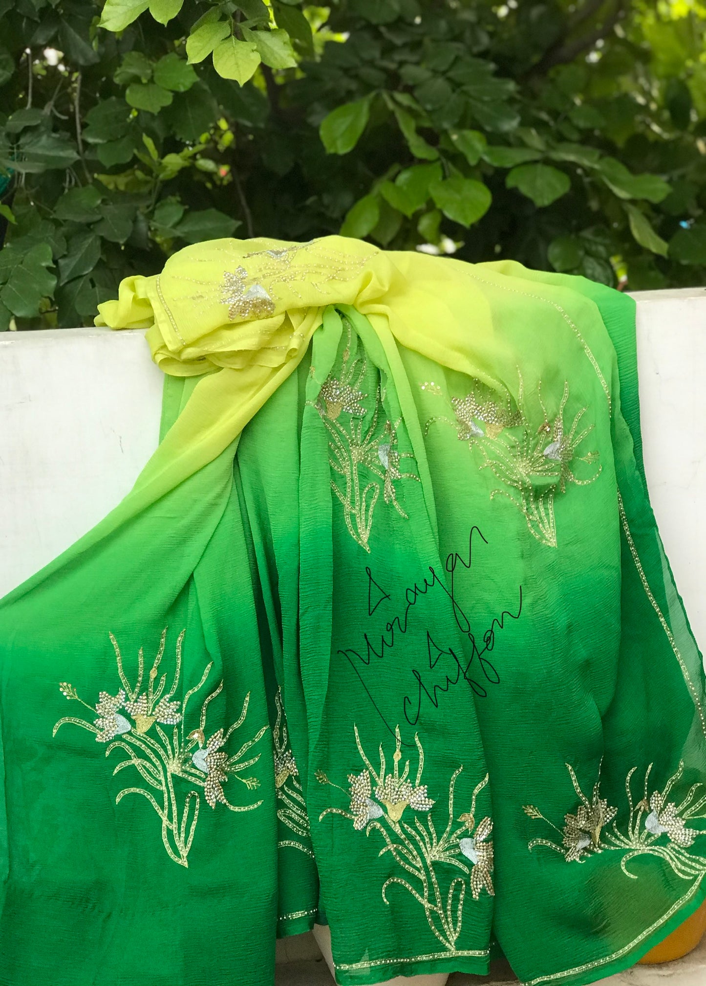 Yellow Green Ombre Dyed Aari Sequins Motifs Miraya Chiffon Sarees