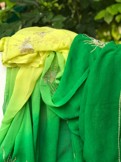 Yellow Green Ombre Dyed Aari Sequins Motifs Miraya Chiffon Sarees