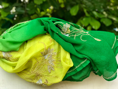 Yellow Green Ombre Dyed Aari Sequins Motifs Miraya Chiffon Sarees