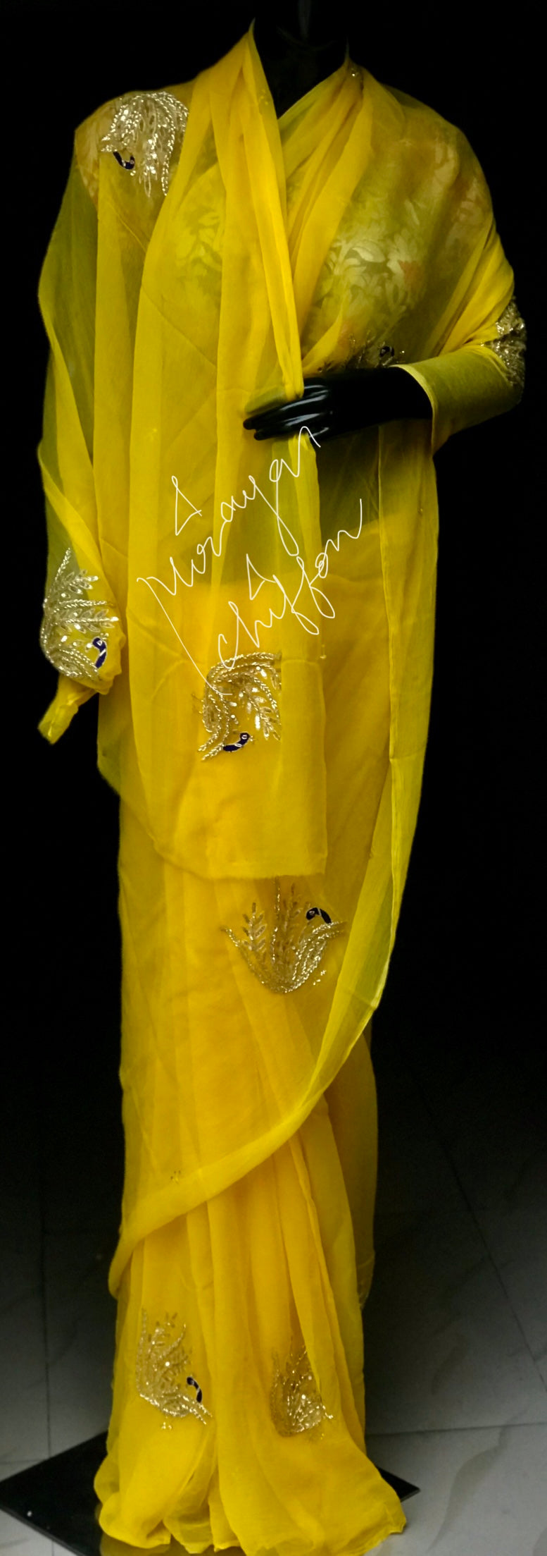 Lemon Yellow Cutdana Peacock Motifs Miraya Chiffon Sarees