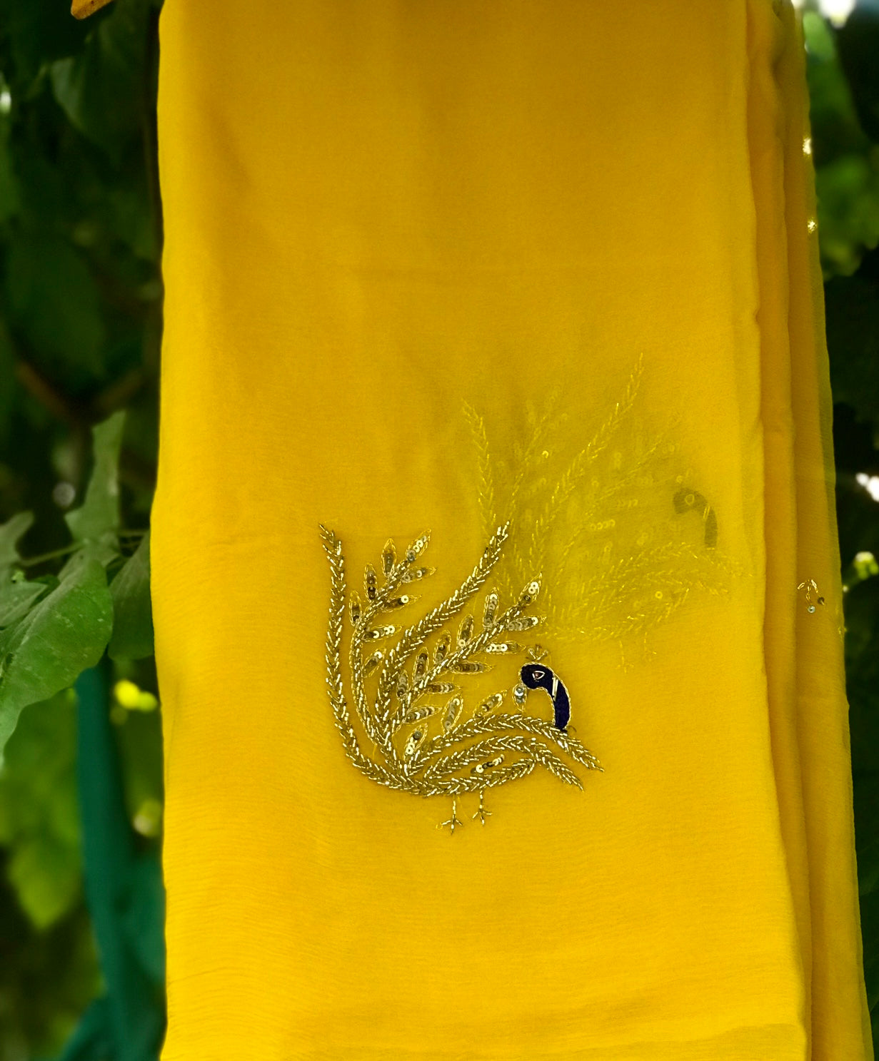 Lemon Yellow Cutdana Peacock Motifs Miraya Chiffon Sarees