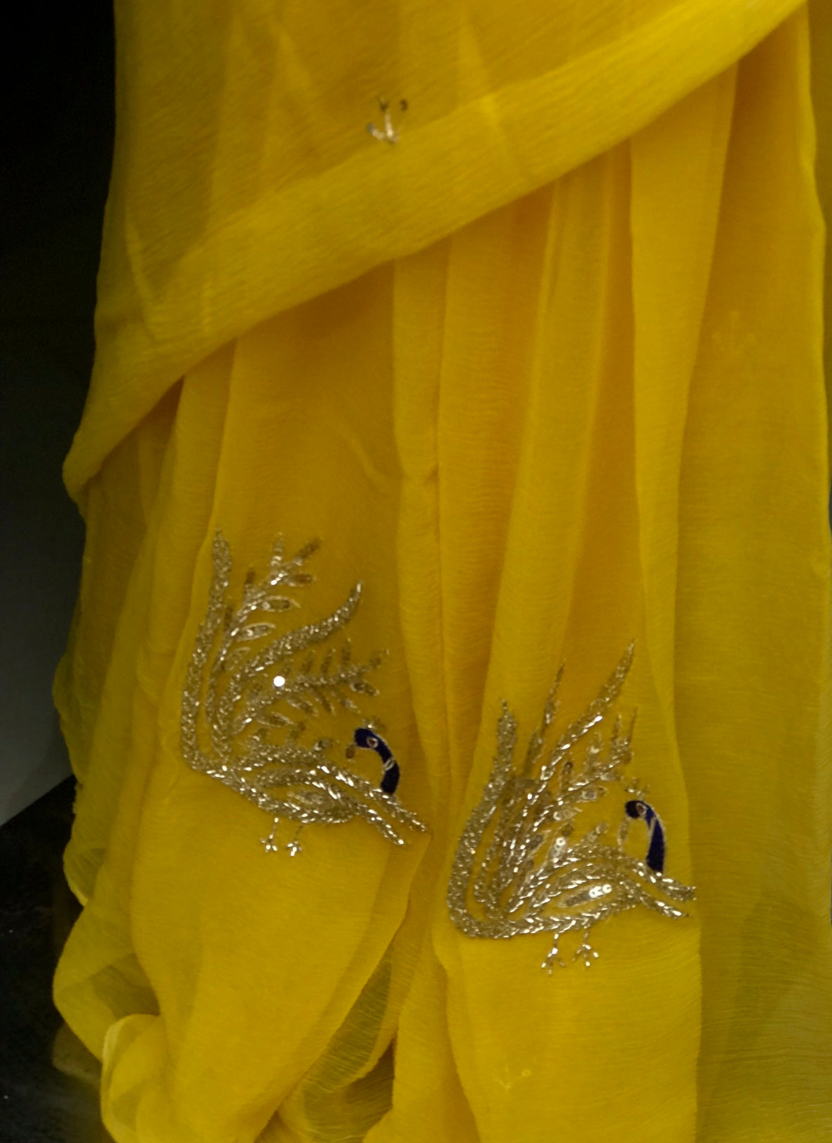 Lemon Yellow Cutdana Peacock Motifs Miraya Chiffon Sarees