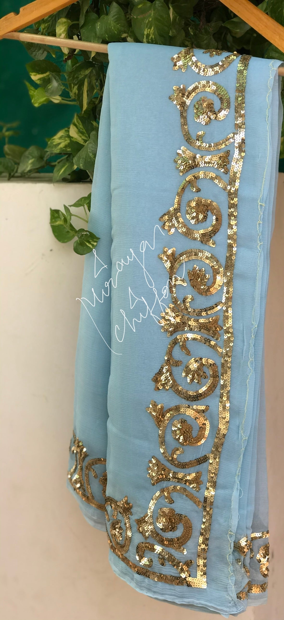 Aqua Sequins Border Miraya Chiffon Sarees