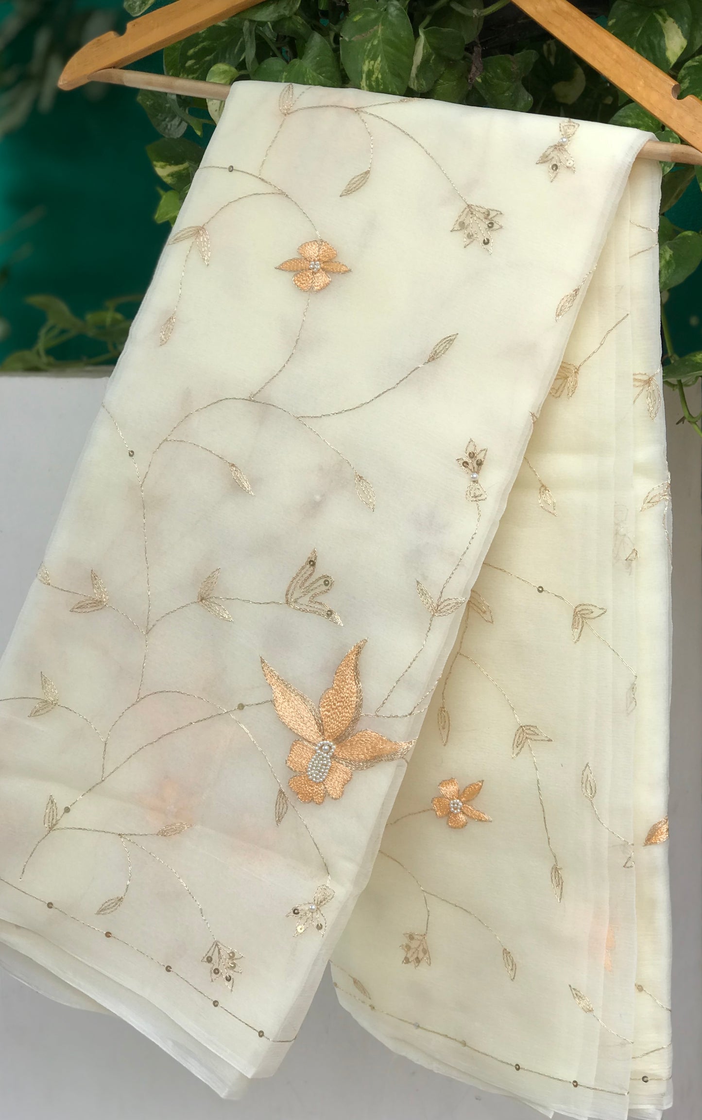 Cream Aari Thread Jaal Miraya Chiffon Sarees