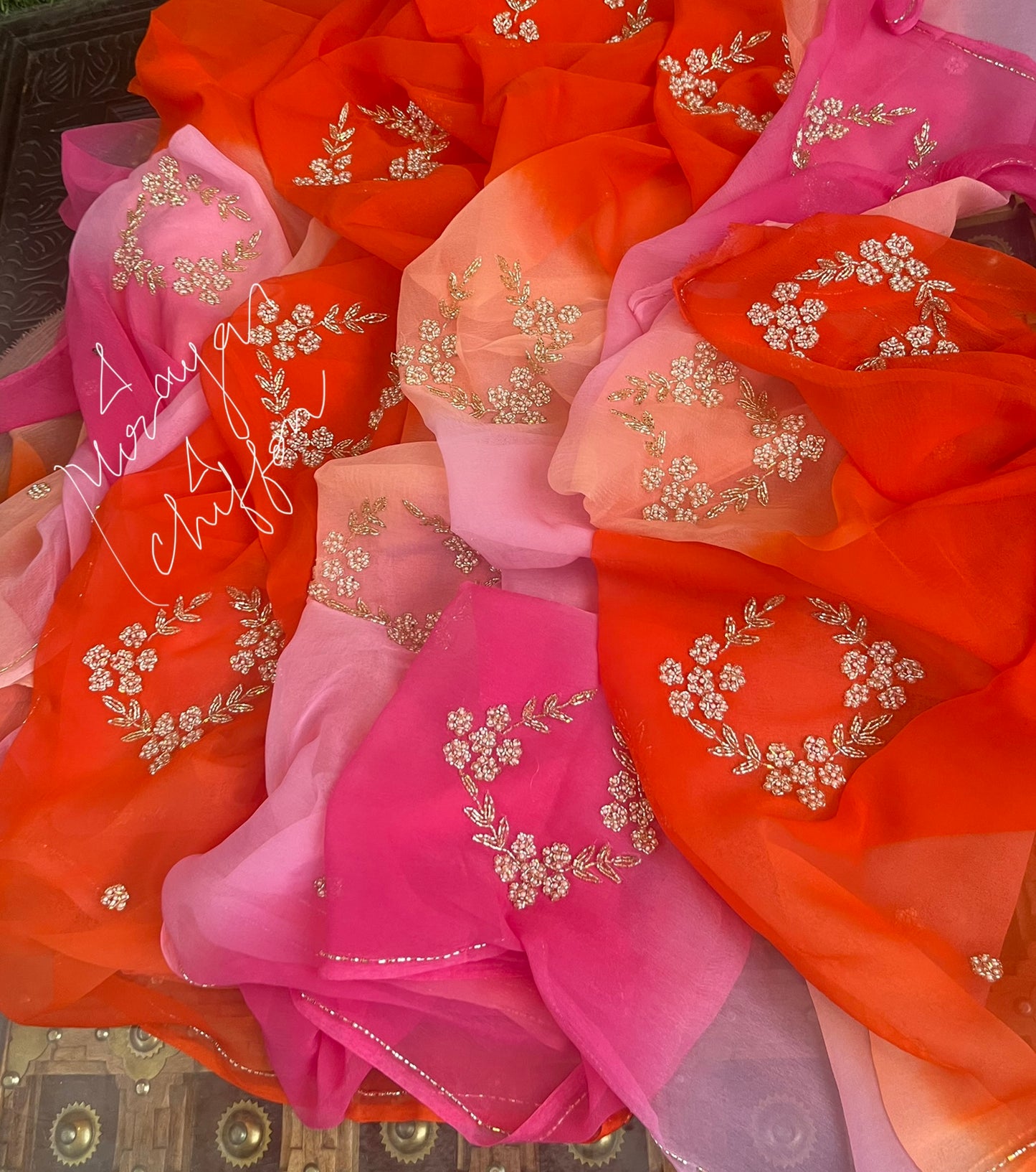 Ombre Peach Orange Cutdana Motifs Miraya Chiffon Sarees