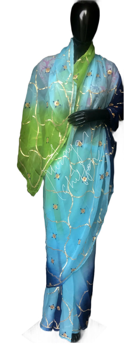 Blue Shaded Sikhiya Gotta Jaal Miraya Chiffon Sarees