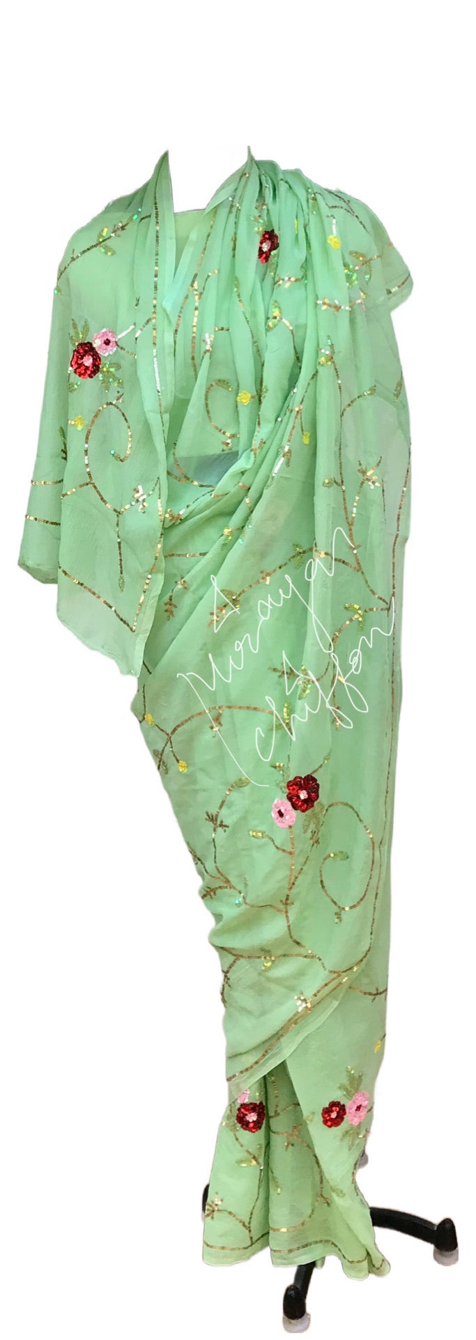 Pistachio Green Sequins Jaal Miraya Chiffon Sarees