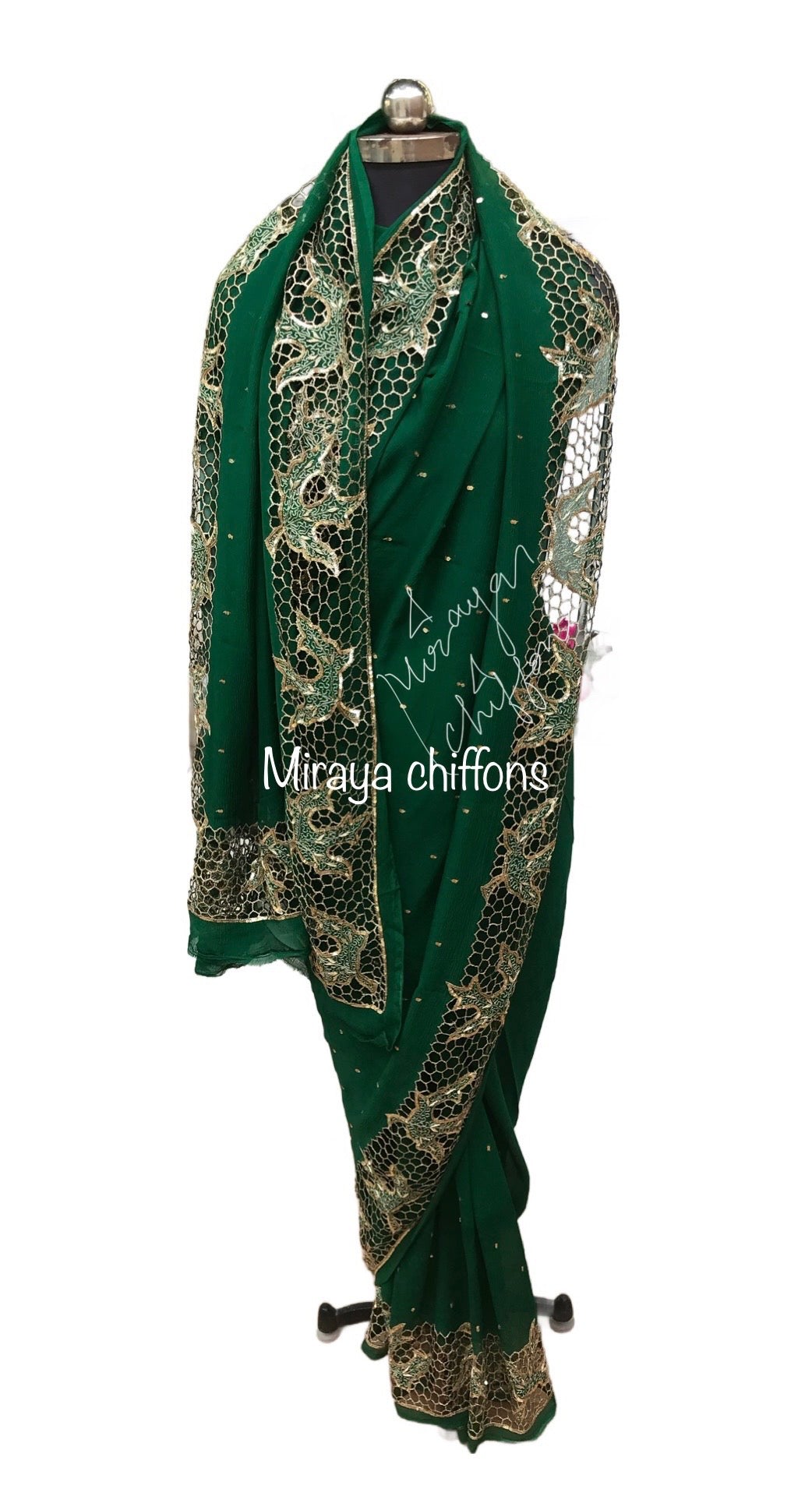 Bottle Green Cutwork Saree Miraya Chiffon Sarees