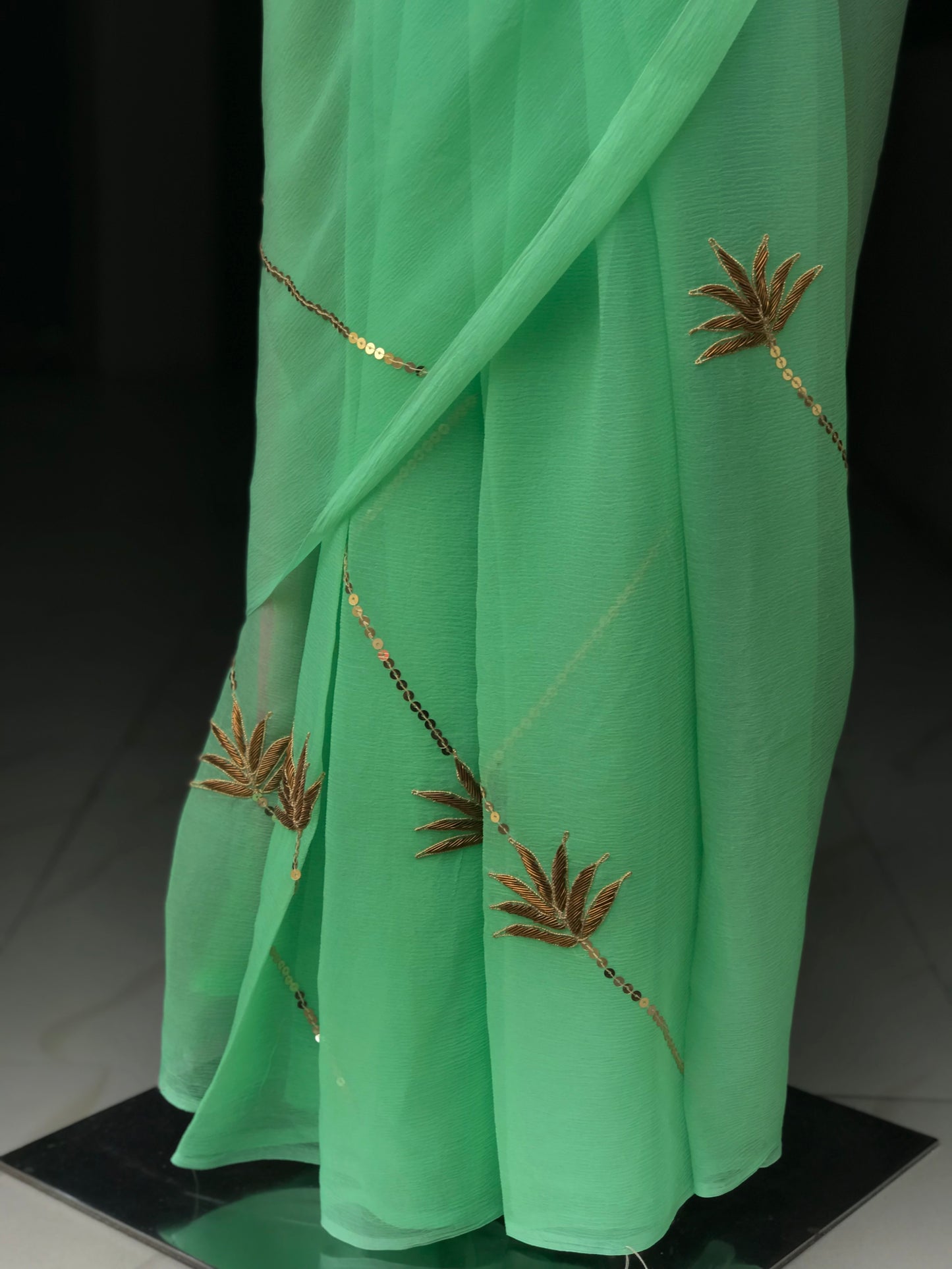 Green Sequins Zardogi Jaal Miraya Chiffon Sarees