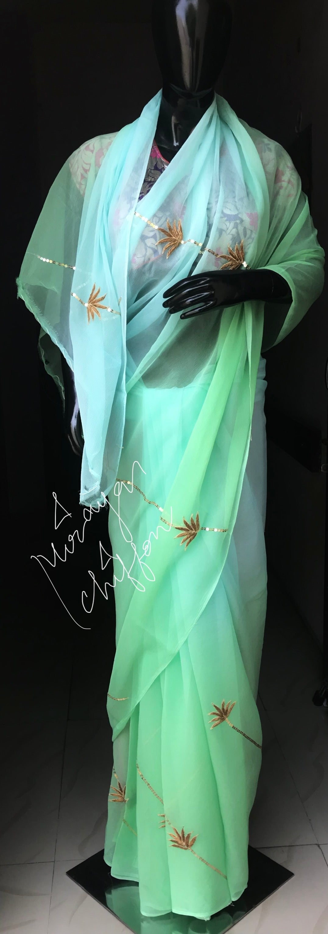 Green Sequins Zardogi Jaal Miraya Chiffon Sarees