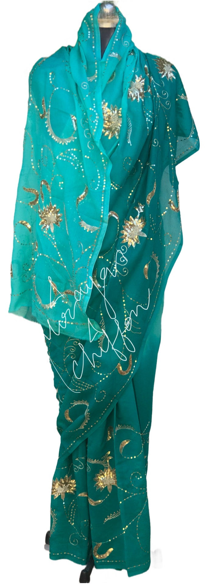 Teal Blue Shaded Sequins Jaal Miraya Chiffon Sarees