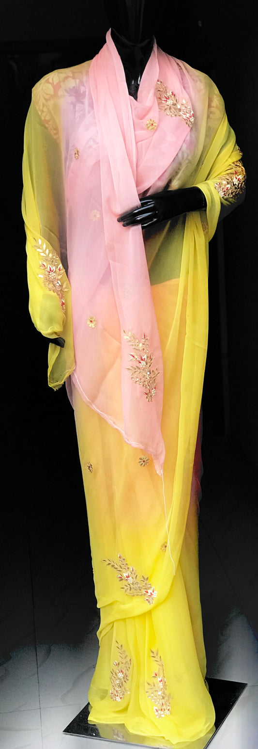 Ombre Yellow Gottapati Zardogi Motifs Miraya Chiffon Sarees