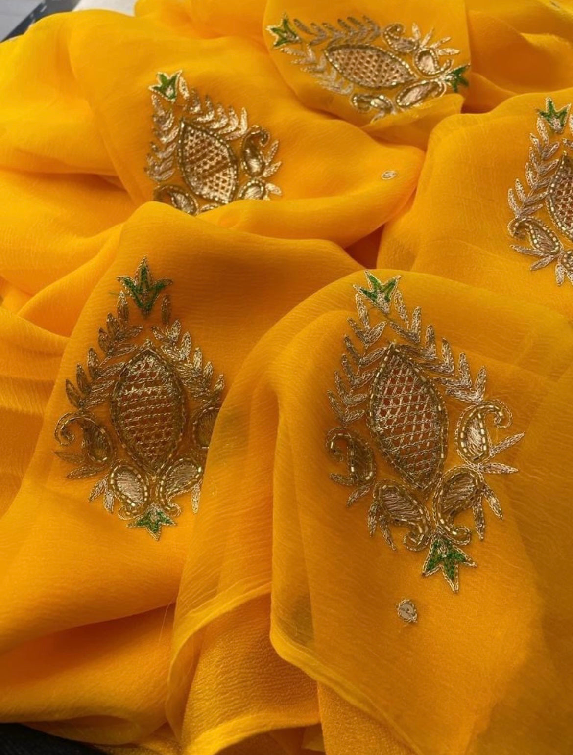 Yellow Cutwork Motifs Miraya Chiffon Sarees