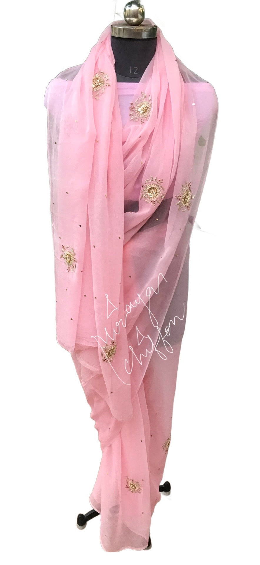 Onion Pink Zari Zardogi Motifs Miraya Chiffon Sarees