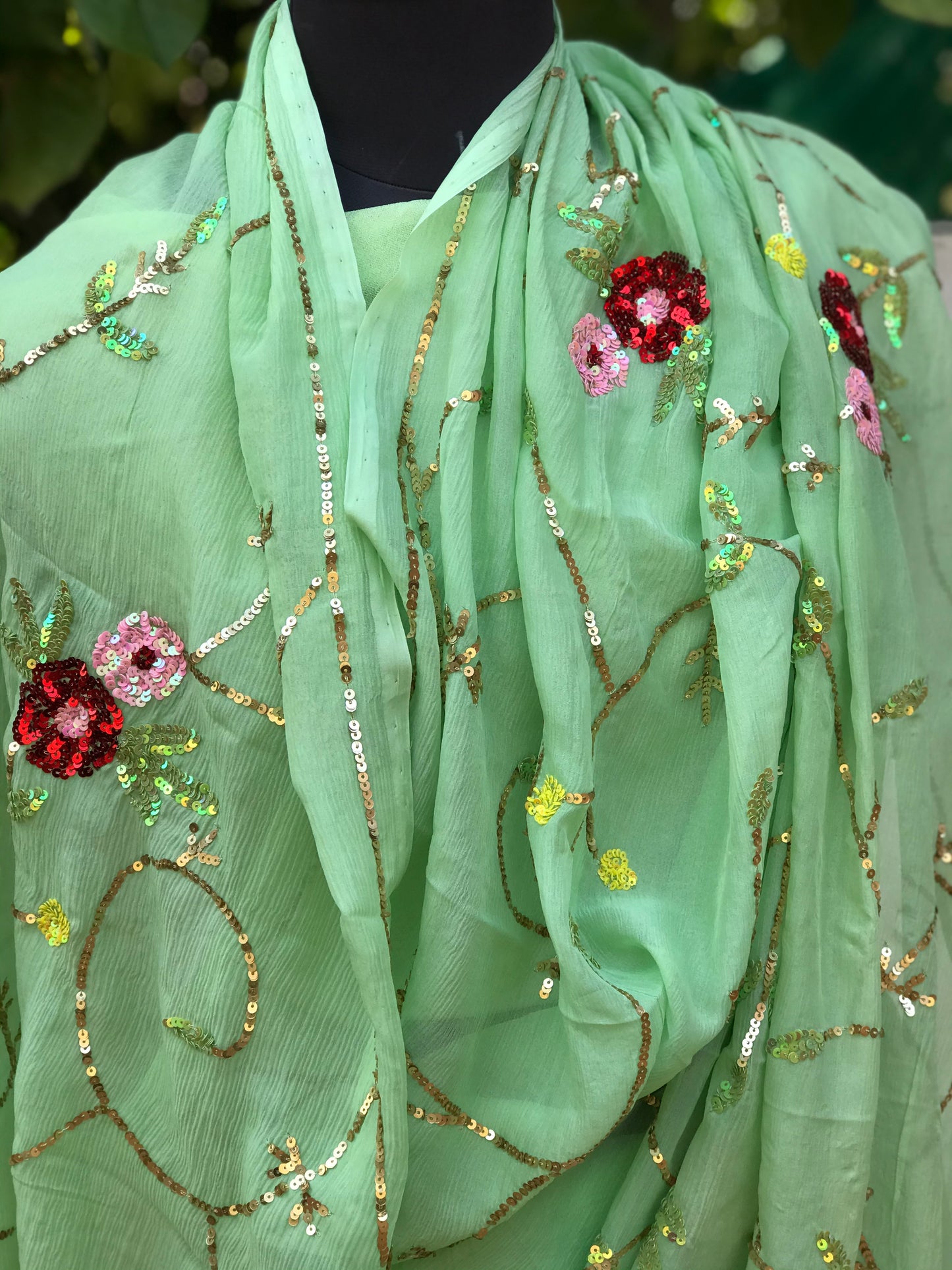 Pistachio Green Sequins Jaal Miraya Chiffon Sarees