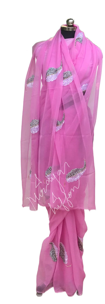 Pink Sequins Motifs Miraya Chiffon Sarees