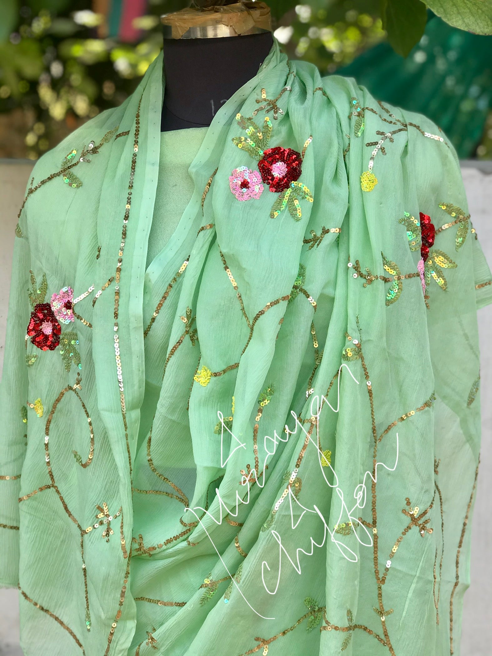 Pistachio Green Sequins Jaal Miraya Chiffon Sarees